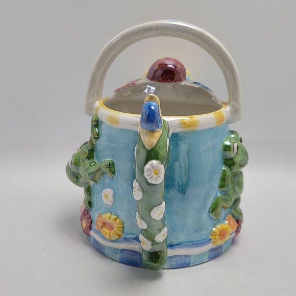 WCL Porcelain Frog Floral Mushrooms Ceramic Watering Can With Planter And Basket - Picture 5 of 16